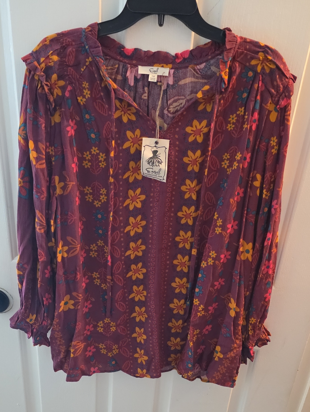 easel Floral Boho Blouse in Plum with Mustard Accents